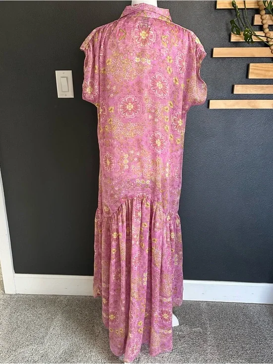 MISA Los Angeles Pink Floral Maxi Dress XS Oversized Boho Sheer Lightweight - Picture 3 of 7